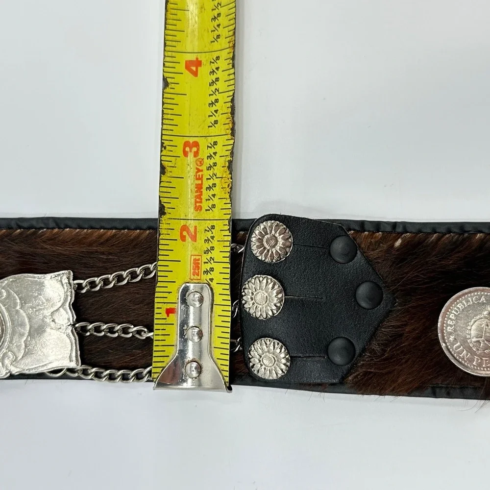 Vintage Gaucho Pony Hair Leather Coin Belt Argentina 100 Pesos Silver Chain